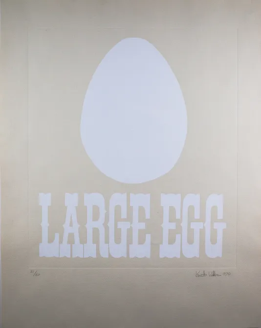 Print of a white egg shape with the text "Large Egg" in all capitals written below.
