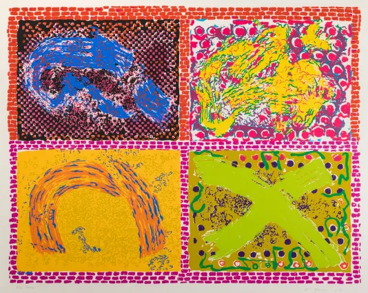 Four rectangles with different brushstrokes and shapes in each including an X and an arch.