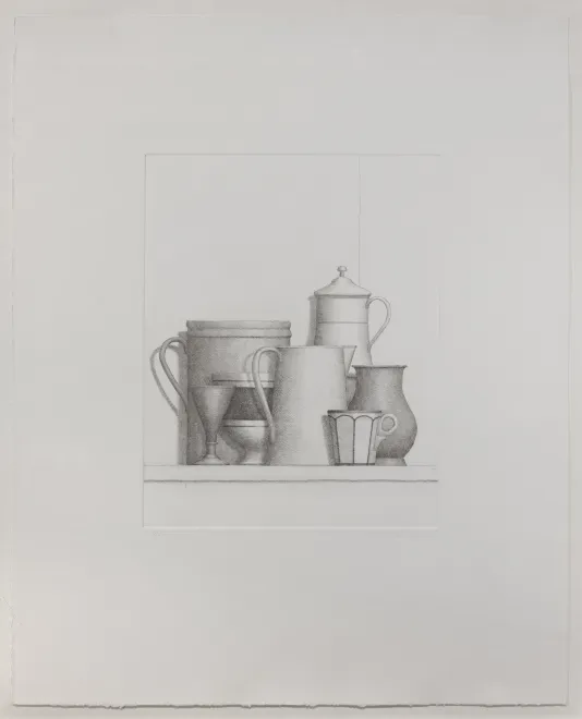 Still life sketch including various pitchers, vases, and a mug on a shelf.