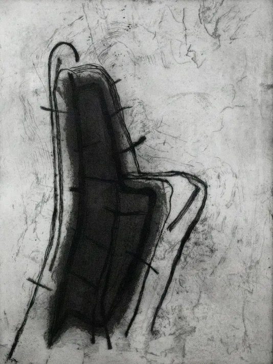 Grey background with light pencil marks and a dark shape resembling a chair on the left side.
