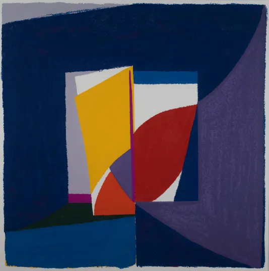 Print with geometric shapes in orange, purple, red, and yellow.