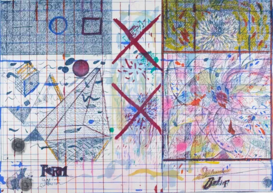 Colorful print on red gridded paper with various lines and geometric shapes and two large x's in the center.