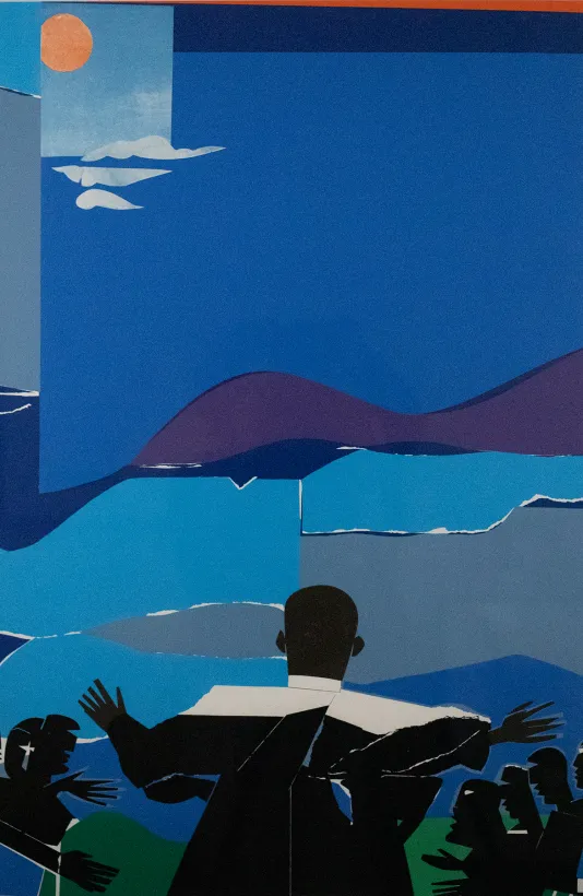 Collage like image with different shades of blue and purple, white, and black featuring MLK facing a crowd with water and mountains in the background.