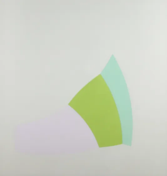 Abstract shape with a three colored sections in cream, green, and teal.