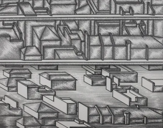 Geometric sketch including three dimensional shapes and lines.