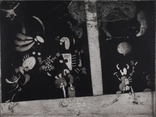 Photographic collage of black and white shapes that make abstract figures.