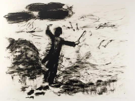 Black print of a figure waving their arms towards a body of water.