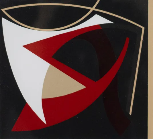 Black background with red, white, and beige abstract geometric shapes.