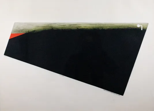 Partial rectangle tilted at an angle that is mostly black with small red triangle on the left edge and a fade at the top edge to light green.