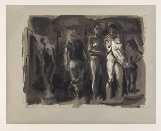 Grey print with five bodies in a communal shower