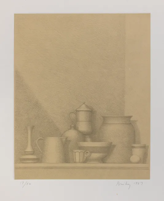 Beige background with various mugs, cups, and vases drawn on a shelf with a shadow on the left corner.
