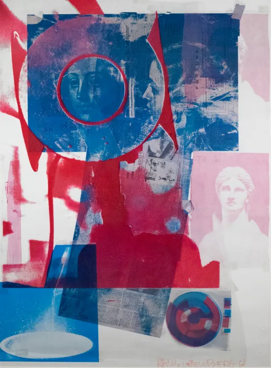Red and blue collage like print featuring an image of a statue on the right, a face on the left inside the letter O and a plate in the lower left corner.
