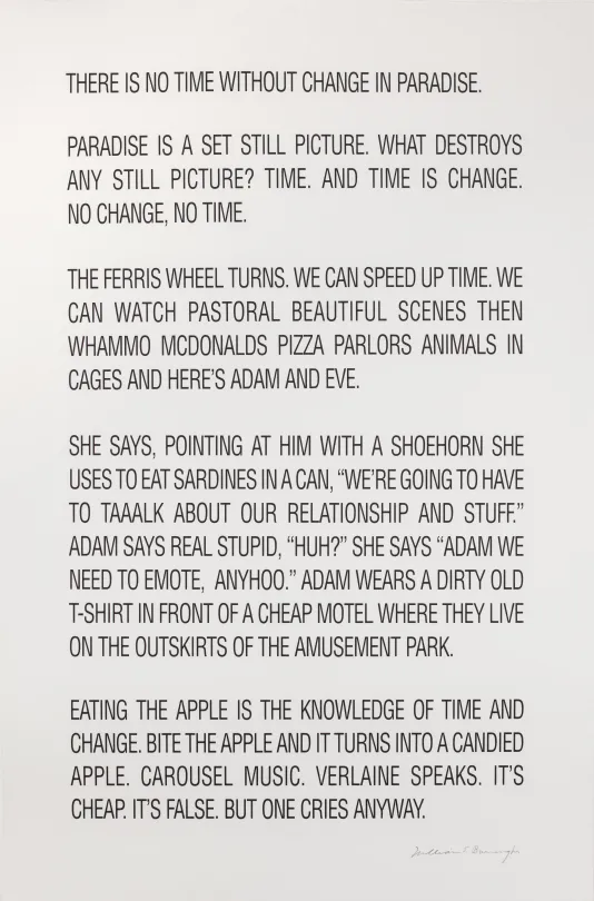 Four paragraphs of text on a white background with the title "There is no time without change in paradise."