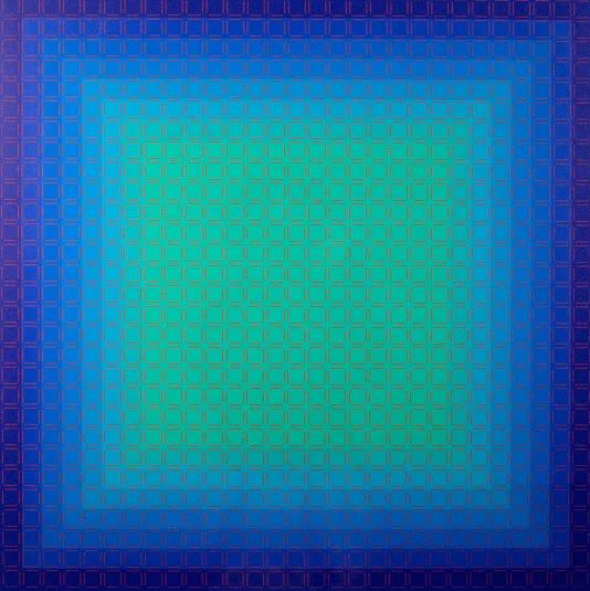 Grid made up of small blue squares that start as dark blue and fade to mint green as each row gets closer to the center.