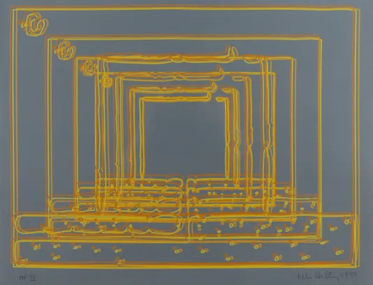 Grayish blue background with yellow overlapping rectangles that get smaller and smaller as they go towards the center.