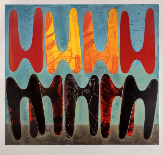 Two rows of repeating shapes that resemble the letter. The top for is red and orange and the bottom is black with red accents.