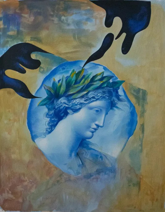 Painting of a classic styled head in a blue circle with a yellow background and dark blue drips of paint on the edges.