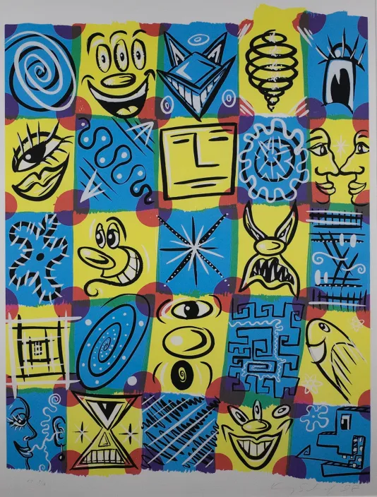 Blue and yellow checkered pattern with red dots on each corner intersection. Each square has a fun doodle in I like a face with three eyes and a fish.