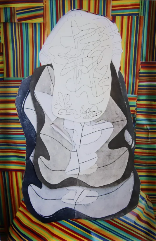 Rainbow striped background with paper sketches in the center featuring overlapping lines.