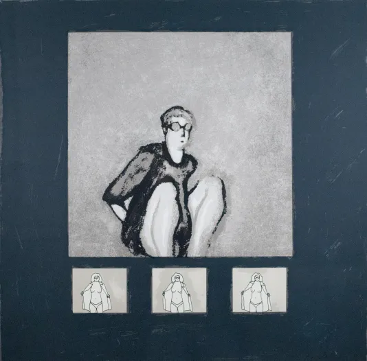 Navy background with a large square in the center with a man crouching down low inside. Below, is three small squares each with identical figures.