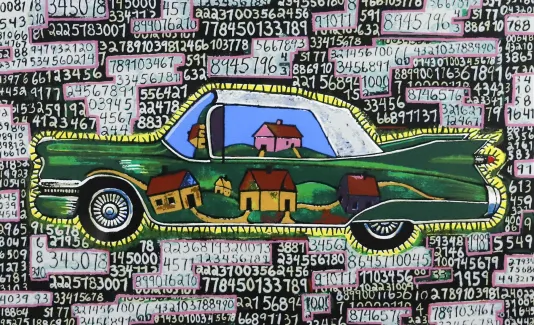 Cartoon looking old fashioned green car painted with houses and grass fields. Background features lots of black and white blocks with series of numbers inside.
