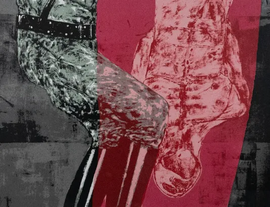 Black and white screen print with a thick transparent red strip down the center with an upside down figure inside.