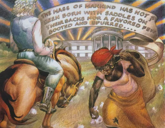 Screenprint on paper of a man riding a horse away from the viewer on the left and a black woman with a red bandana hauling a large bag over her shoulder.  At the top, is a banner with a quote from Thomas Jefferson.