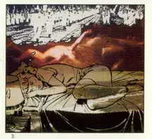 Collage featuring an old school cartoon cutout of a woman curled up in bed.