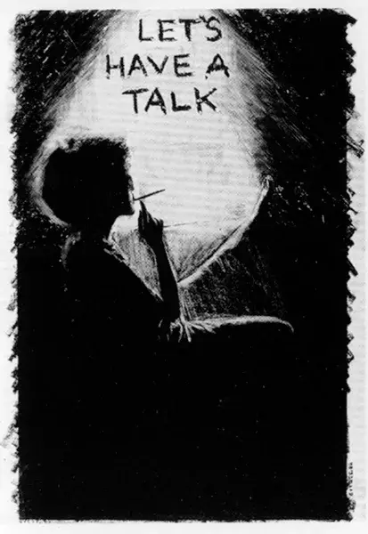 Silhouette of a woman smoking a cigarette lit by a spotlight above with the text "Let's Have a Talk."