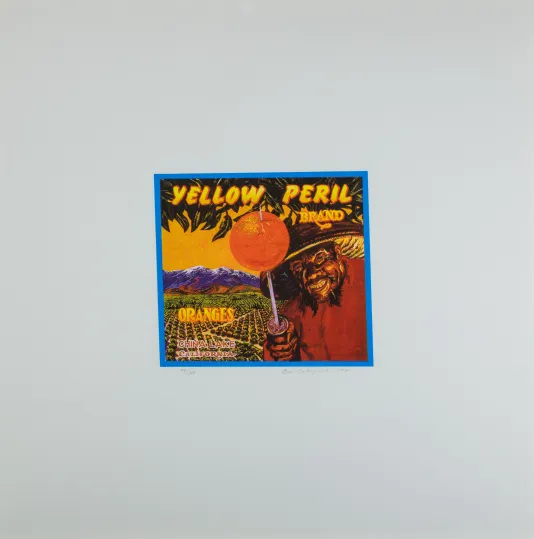 Cartoon looking graphic that reads yellow peril and has a man in the lower right corner in front of a crop field that reads oranges.