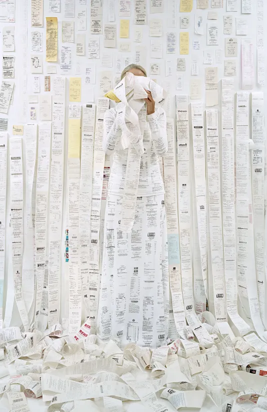 A person stands covered in receipts with a backdrop of receipts that pile up on the floor, only their hand and top of their head is visible.