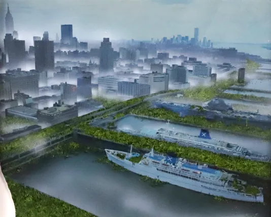 Image of a boat port with greenery and a layer of fog across the buildings in the background.