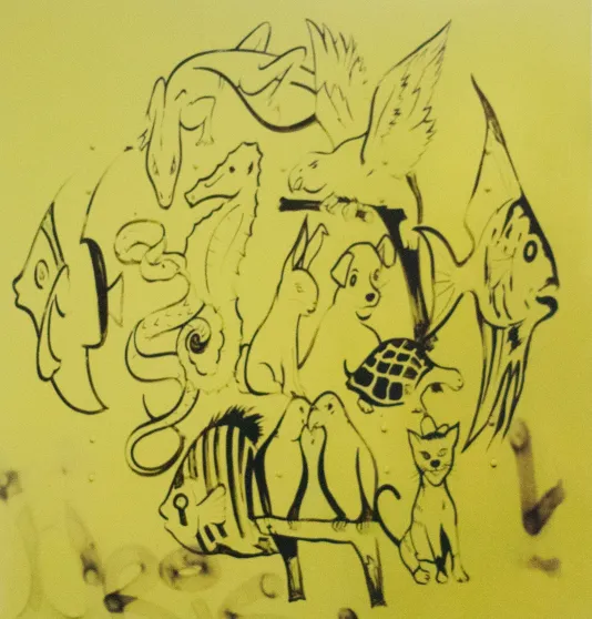 Group of animals including a fish, turtle, bunny, dog, parrots arranged together in a circle on a yellow background.