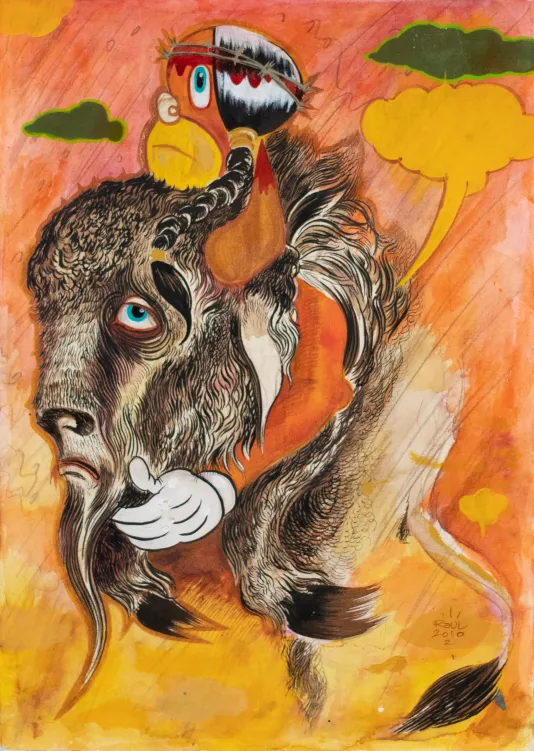 An cartoon looking animal with a long braid rides on a large buffalo. Featured an orange and red background with green and yellow cloud shapes.