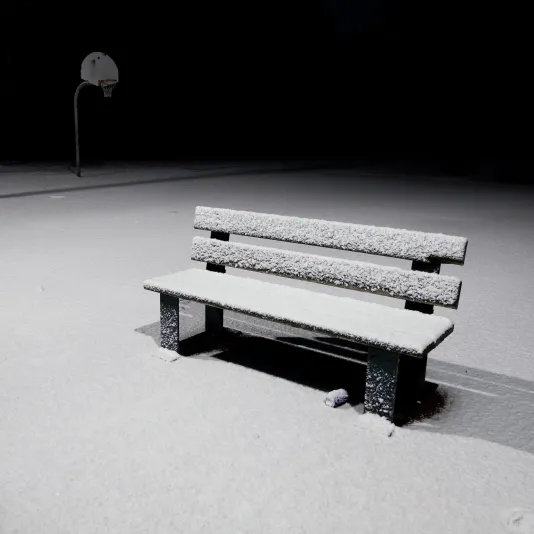 Black and white photograph of a bench covered in a dusting of snow with a basketball hoop in the background.