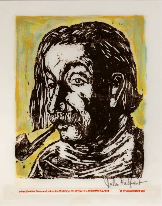 Black and white print of Albert Einstein smoking a pipe with a yellow and blue background.