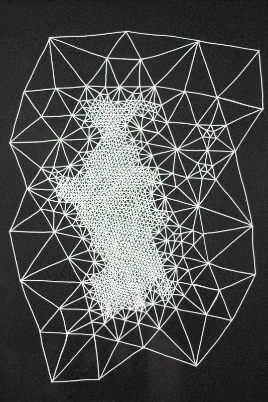 White lines forming bold geometric shape in the center through where the lines intersect.