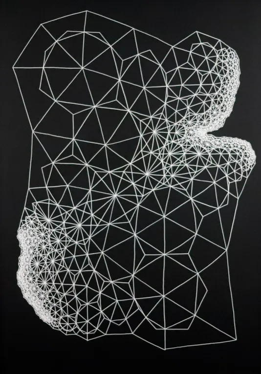 White lines forming geometrical shapes that resembles a human profile.