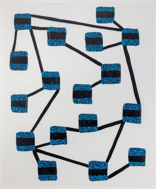 Small rectangles covered in blue dots with a strip of black in the center of each are all connected with bold black lines.