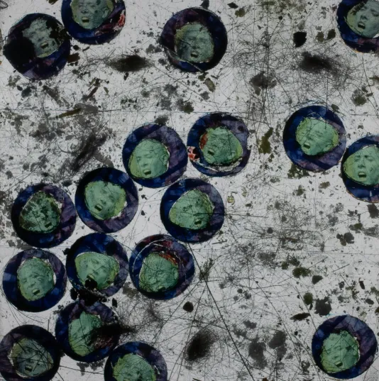 Collage that includes 18 circles each with a cutout face inside. The background has scratches and marks.