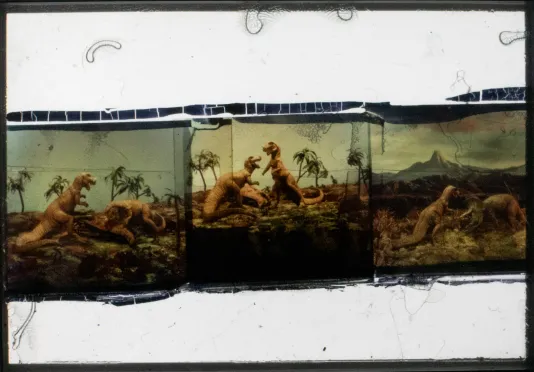 Three images under a magnifying glass depicting scenes of two dinosaurs with a volcano in the background of the third image.
