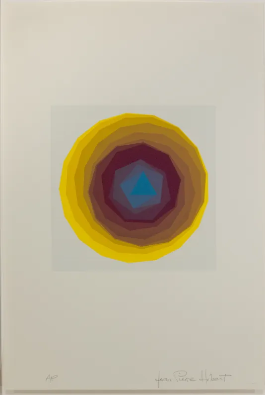 Geometric shapes overlapping with one another while colors change from the outside (yellow) to the middle (maroon) and the center (blue).