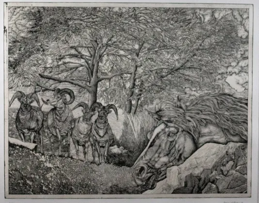 Black and white prints of a horses face and neck coming out from the right and four rams in the background in between trees.