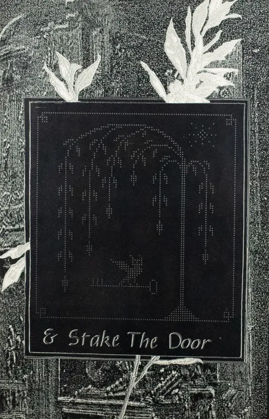 Grey background with leaves on the left and right with a black rectangle in the center with a minimal tree with branches facing down and the title "&amp; Stake The Door"