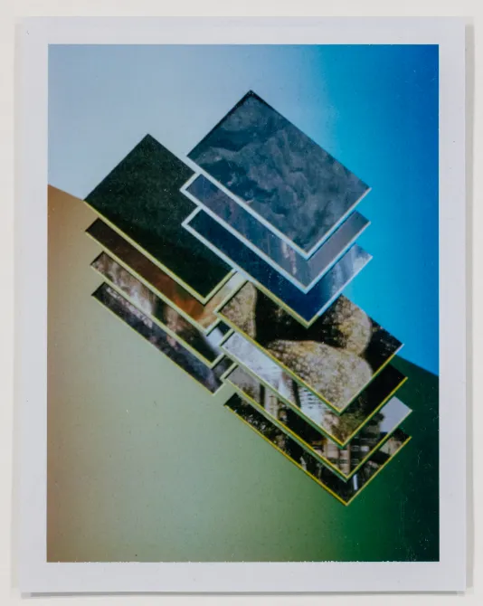 Three dimensional rectangles stacked on top of one another on a green and orange faded background.