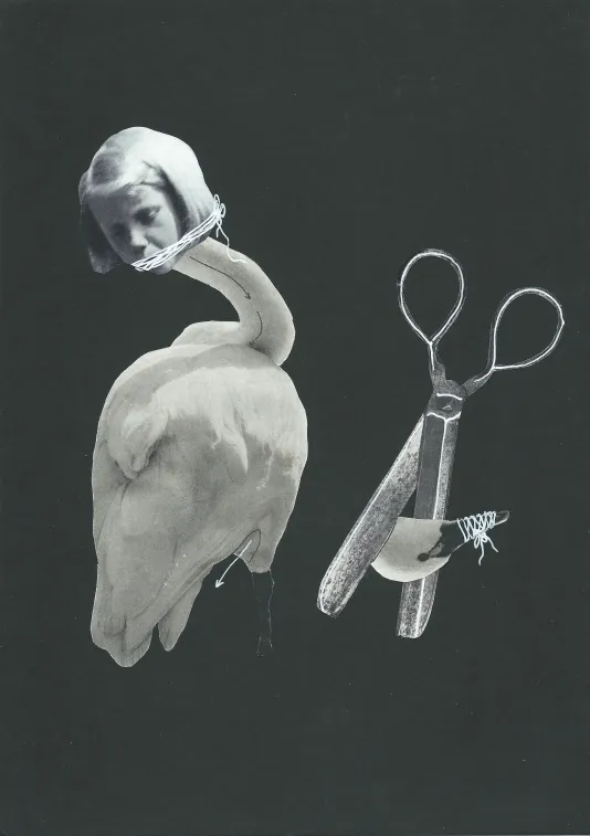 Black and white collage of a swan with a young girls head attached to it and her mouth covered in string and a pair of silver scissors