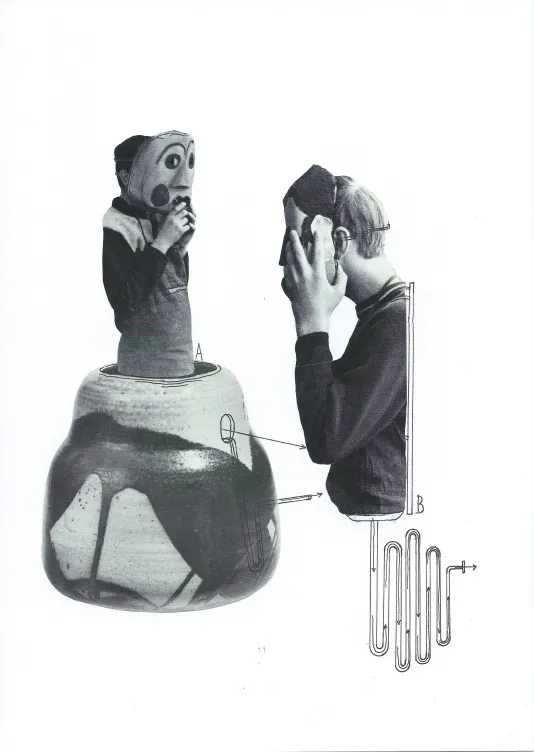 Black and white collage featuring two people facing each other with clown masks on their heads.
