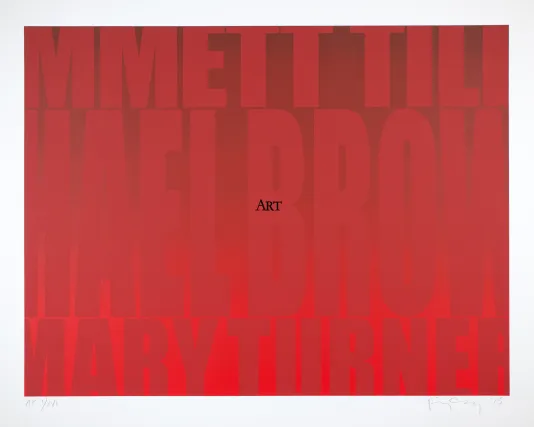 Background that shifts from dark red to bright red with bold text in the background and small text in the center that read "art"