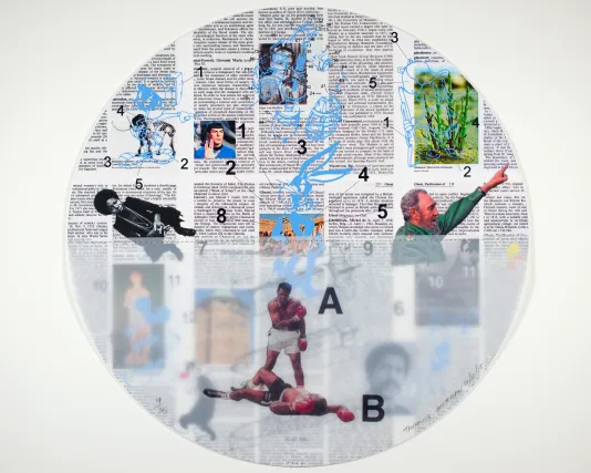 Circular collage featuring text paragraphs cut out from newspaper articles, people from magazines and bold black numbers and letters throughout.