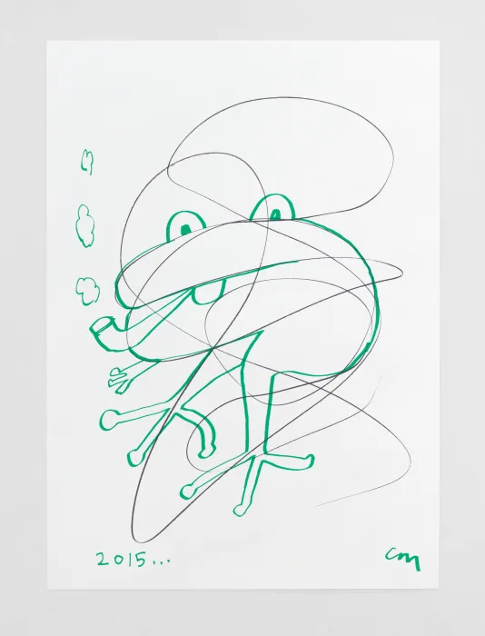 Simple green sketch of a creature resembling a from smoking a pipe with black scribbles on top.